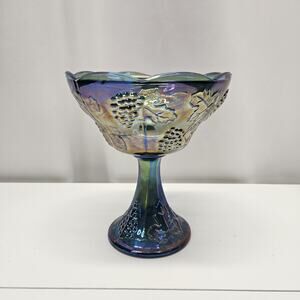 Vintage 1960's Indiana Glass Carnival Glass Pedestal Bowl Blue Grapes Retro